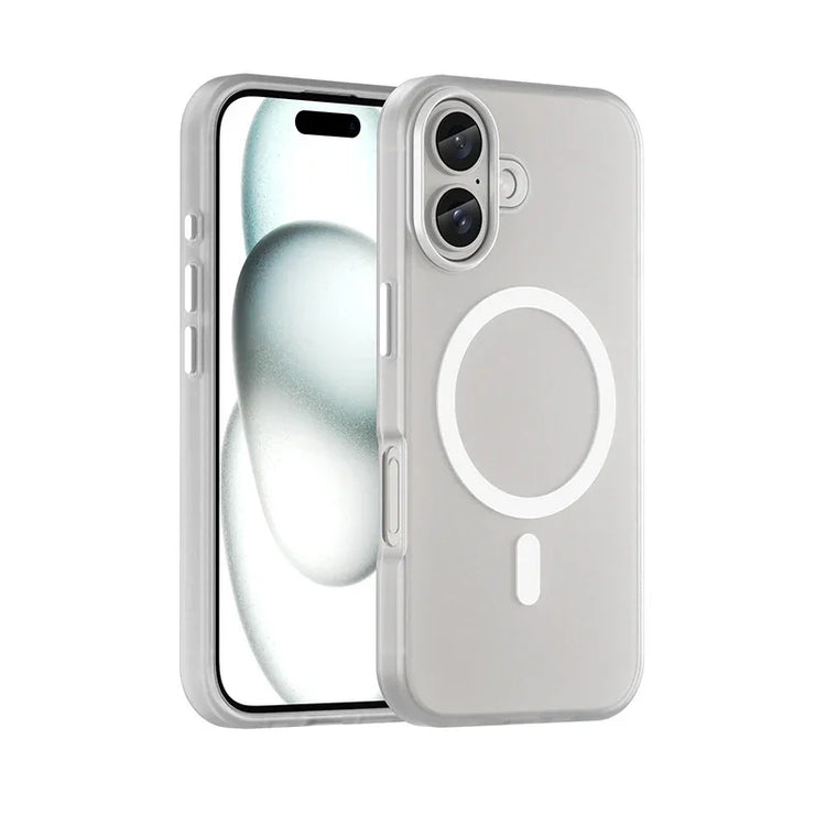 Clear silicone phone case with MagSafe ring, slim fit, dual camera cutout, white accents