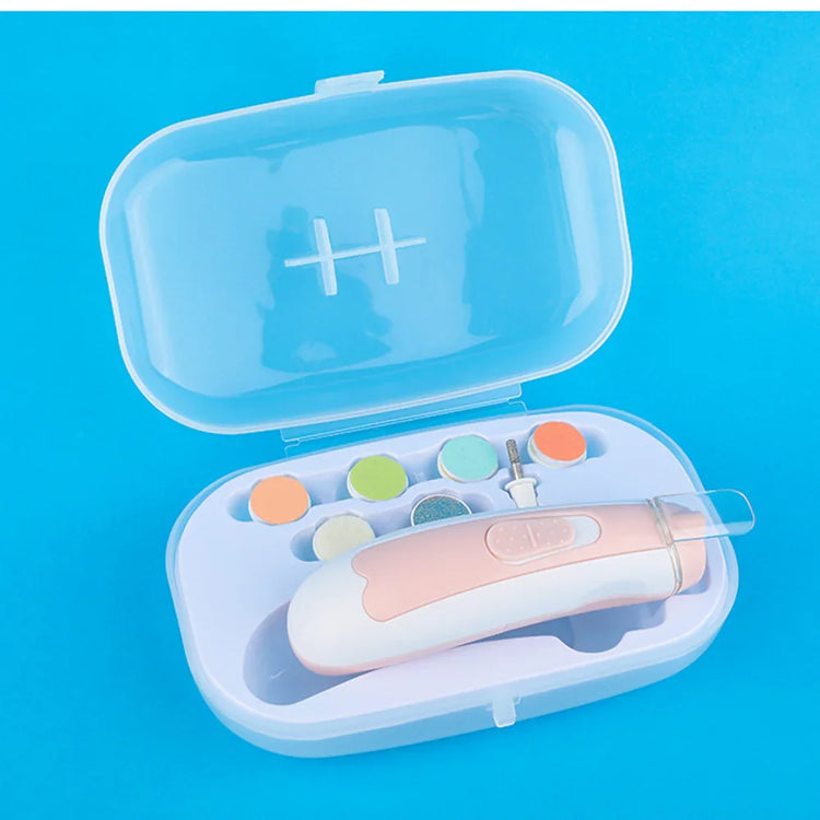 Electric nail care kit in pastel pink and white with multiple filing heads in a plastic case
