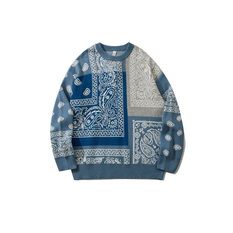 Blue and grey oversized crewneck sweater with bandana patchwork print, casual streetwear style