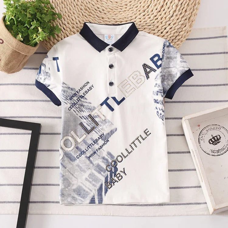 White short-sleeve graphic polo shirt with blue collar, button placket, and abstract text print.