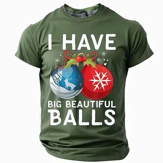 Olive green unisex t-shirt with Christmas bauble graphic and humorous holiday text