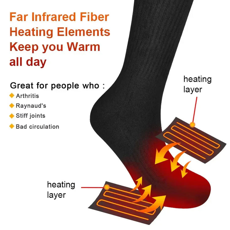 Black heated sock with far infrared fiber heating elements, snug fit, warm thermal material.
