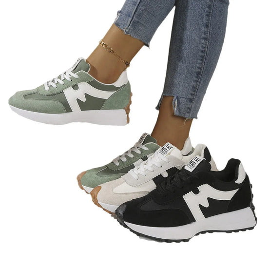 Three pairs of retro style sneakers in green, beige, and black suede with white soles and lace-up design, shown with cropped denim jeans.