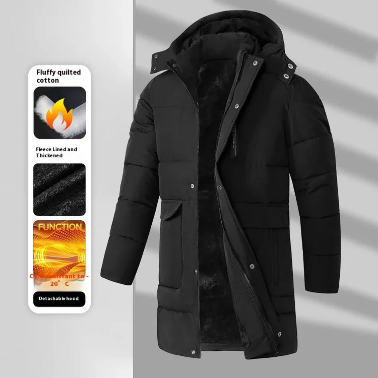 Black long puffer coat with detachable hood, fleece lining, and quilted cotton insulation