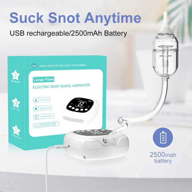 Electric baby nasal aspirator with clear silicone tip, white and teal body, USB rechargeable