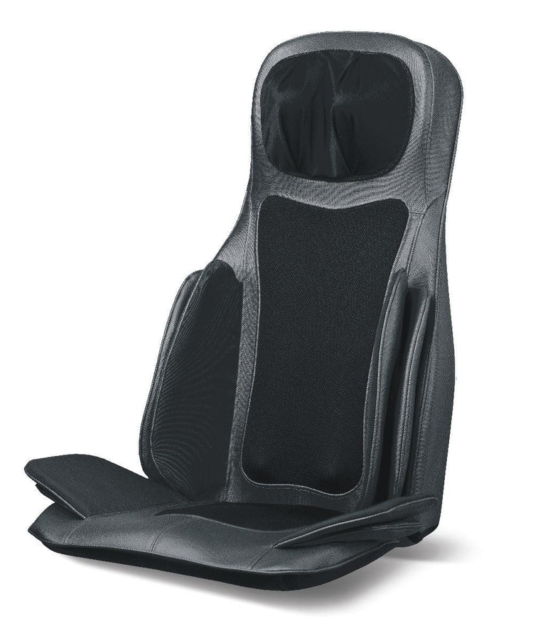 Black ergonomic massage seat cover with padded mesh fabric and contoured design