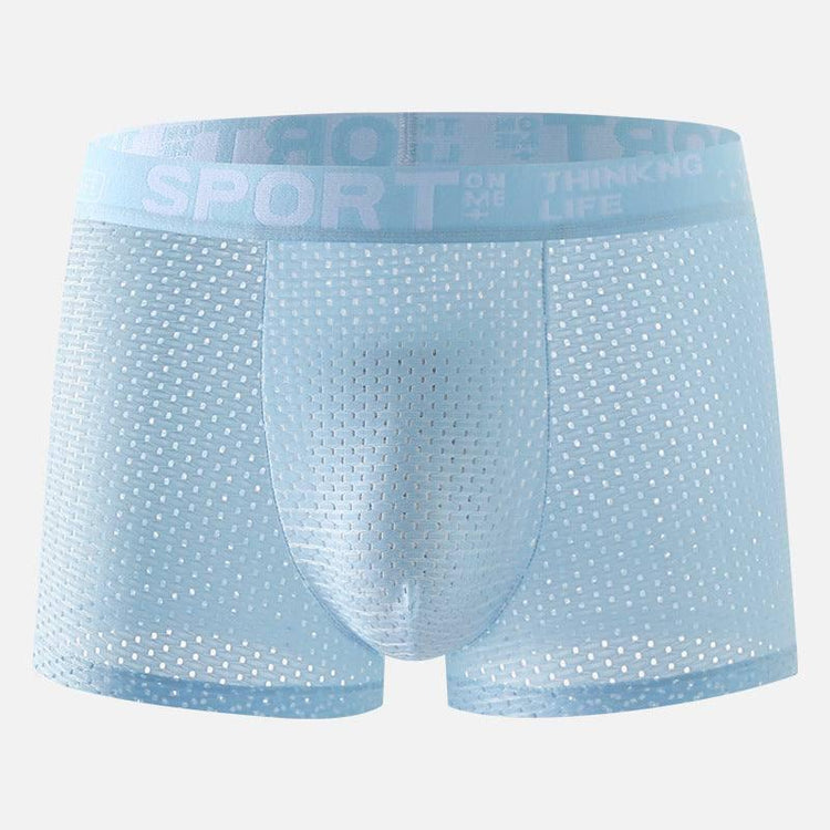 Light blue mesh boxer briefs with breathable perforated fabric and sporty waistband