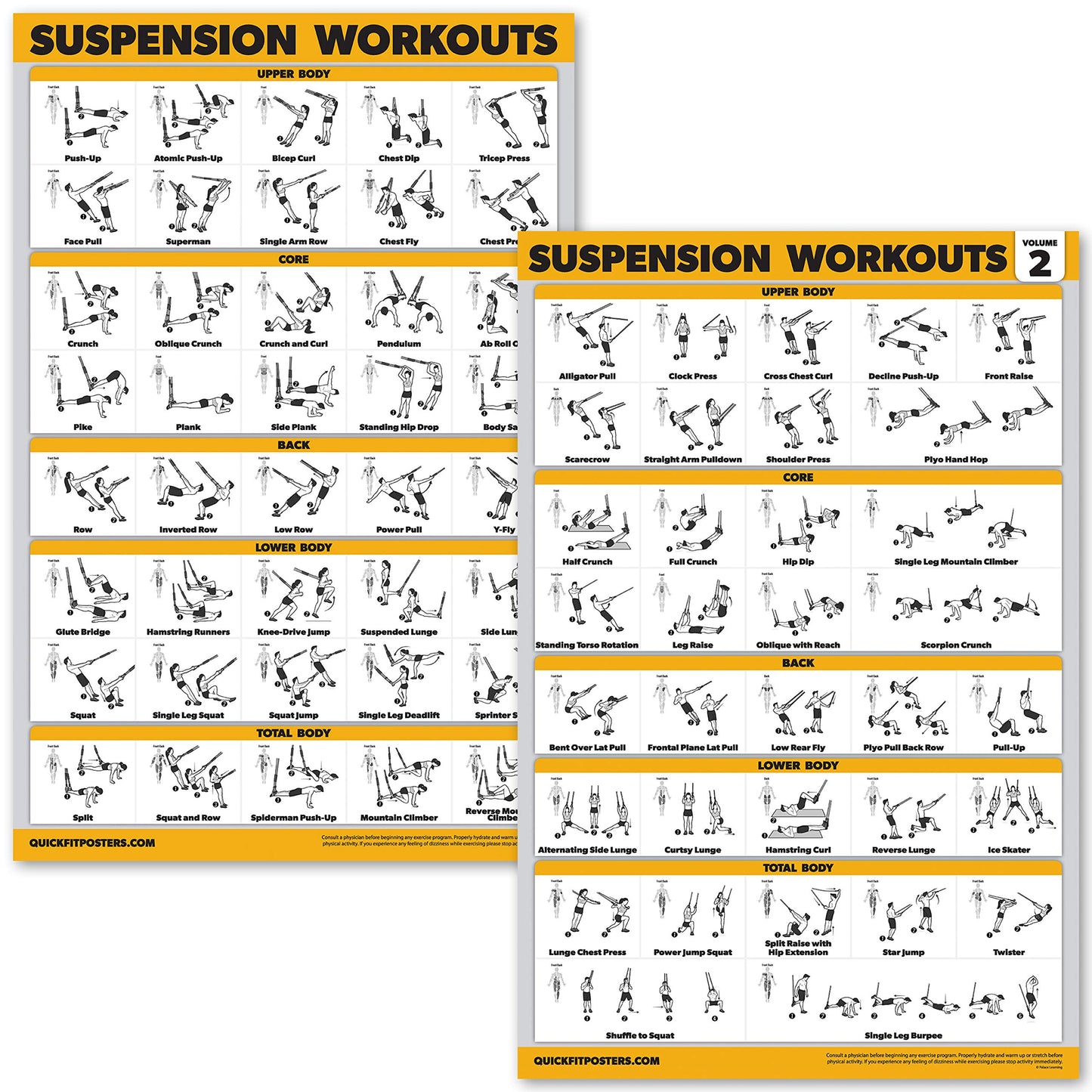 10 Pack - Exercise Workout Poster Set - Suspension Volume 1 & 2, Dumbbell, Kettlebell, Resistance Bands, Stretching, Bodyweight, Barbell, Yoga Poses, Exercise Ball (PAPER - NOT LAMINATED 18" x 24")