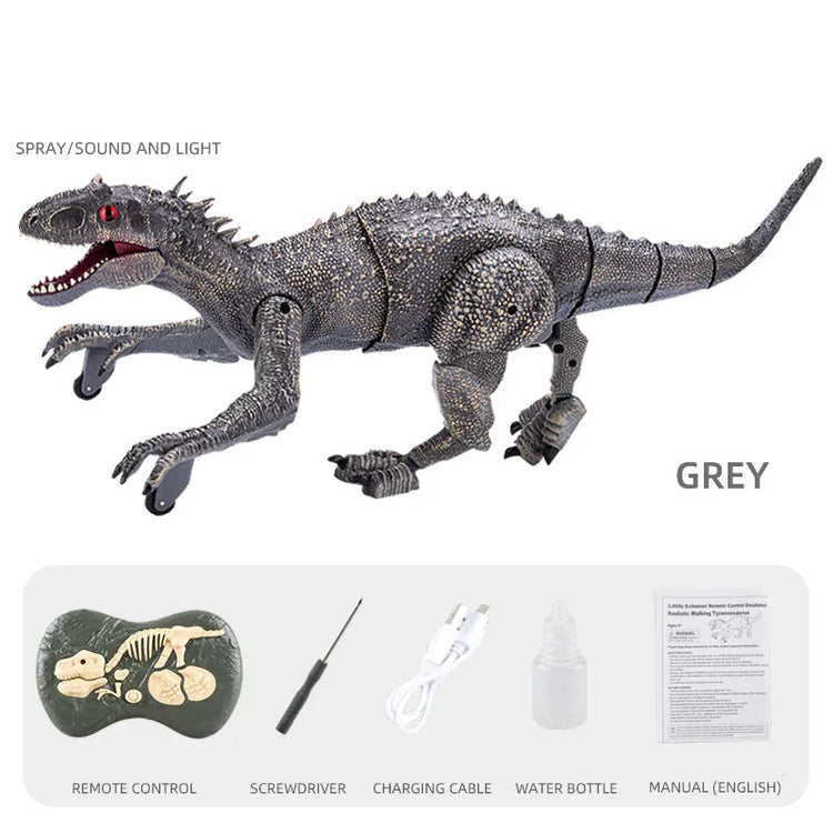 Grey remote control dinosaur toy with textured finish, spray feature, and accessories included.
