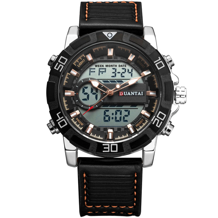 Black leather strap digital analog watch with large round face and contrast stitching