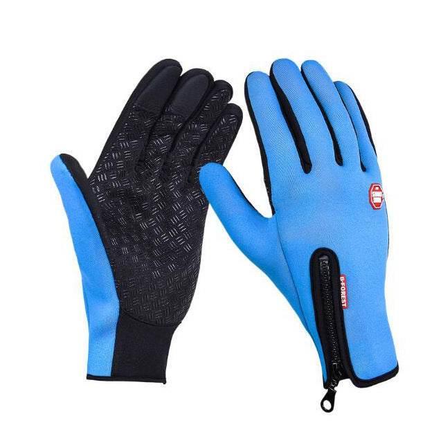 Blue and black touchscreen gloves with zipper, non-slip palm, slim fit design