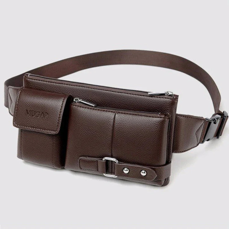 Brown leather crossbody belt bag with multiple zippered pockets and adjustable strap