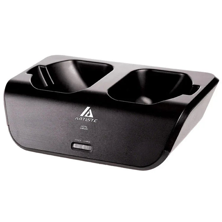 Black dual charging dock for electronic devices with a sleek plastic finish