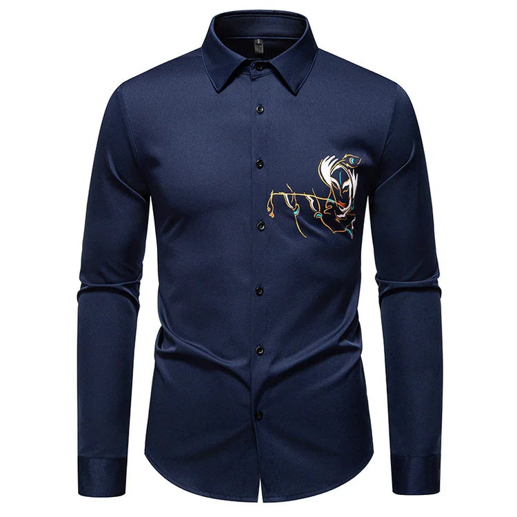 Navy blue slim-fit long sleeve button-up shirt with abstract embroidered chest design