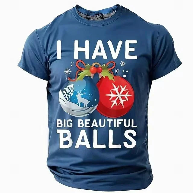 Blue fitted t-shirt with bold Christmas graphic and text, featuring colorful ornament print.