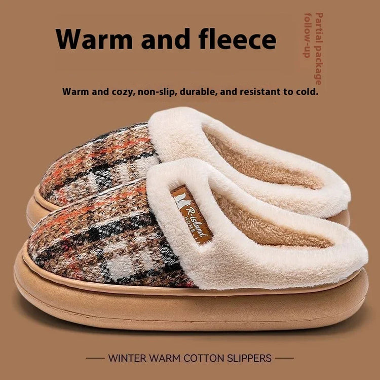 Plush fleece-lined cotton slippers with multicolor plaid pattern and beige sole, winter style