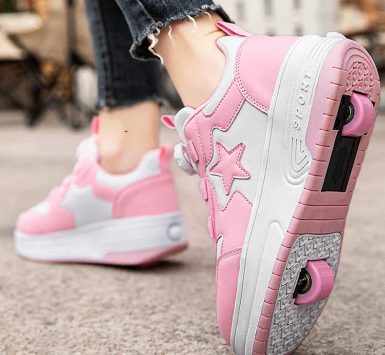 Pink and white roller skate sneakers with star detail, thick sole, casual fit, worn outdoors