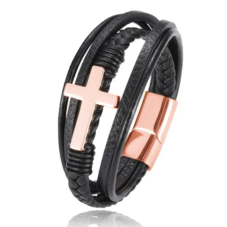 Black braided leather bracelet with rose gold cross and clasp, modern streetwear accessory