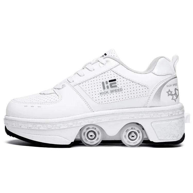 White leather sneaker with built-in roller wheels, perforated panels, and chunky sole.