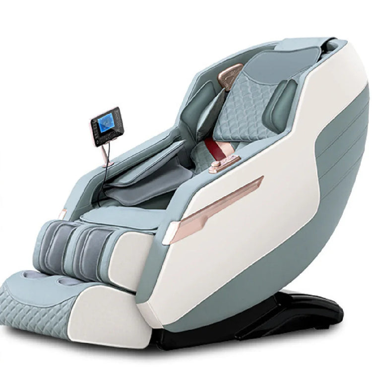 Futuristic recliner massage chair in light grey and white with quilted padding and touchscreen control