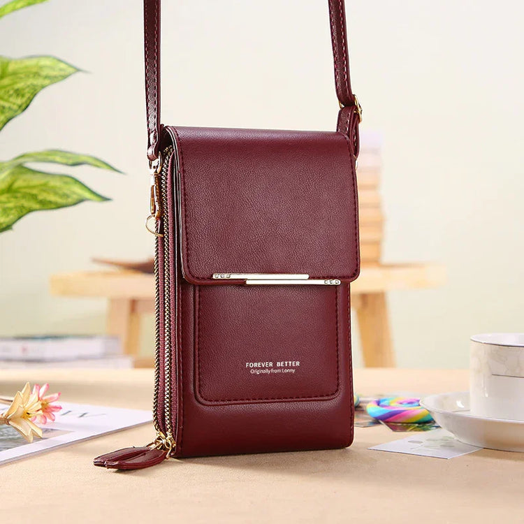 Burgundy faux leather crossbody wallet bag with gold zipper, slim and compact fit