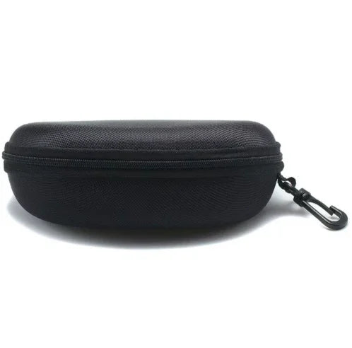 Black hard-shell zippered case with textured material and attached carabiner clip