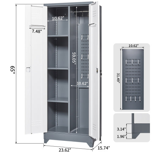 Gray And White Color Metal Lockers, Cleaning Tool Cabinets With Locking Doors, High Broom Tool Storage Cabinets, Adjustable Shelves, Large Cabinets For Kitchens, Offices, Shops.65 Inches