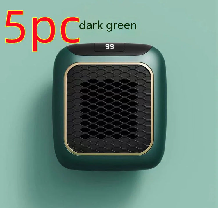 Compact dark green portable electric heater with digital display and honeycomb grille.