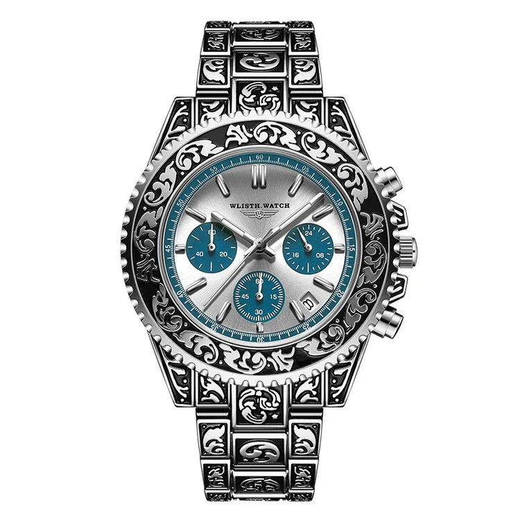 Silver stainless steel watch with ornate engraved band, blue chronograph subdials, and metallic dial