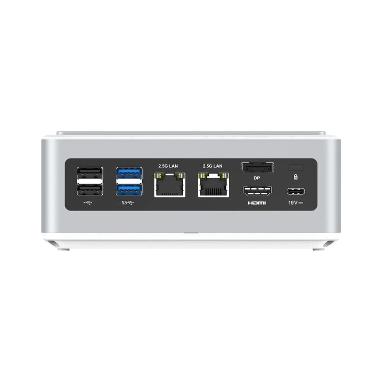Silver mini PC rear view with two Ethernet ports, USB ports, HDMI, DisplayPort, and power input.