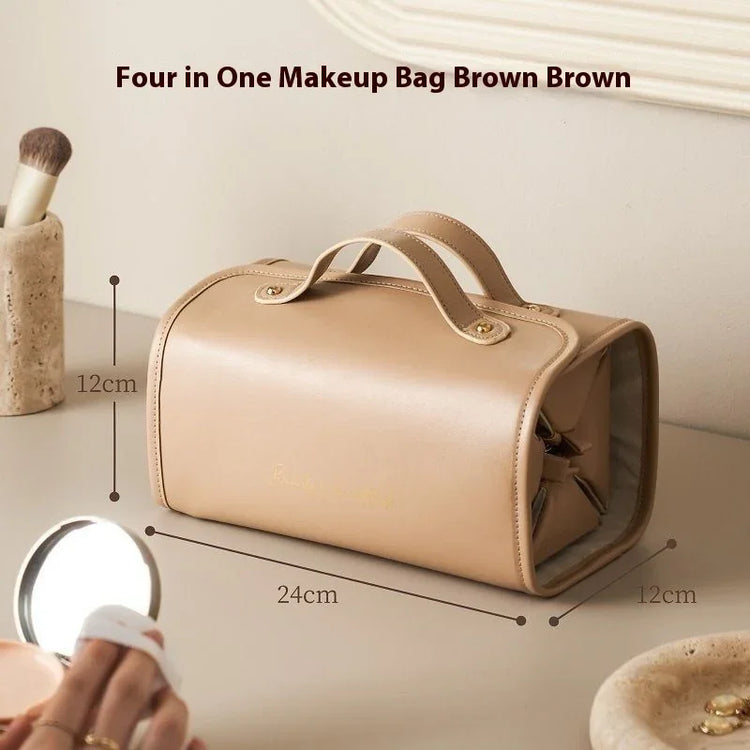 Beige brown leather makeup bag with handles, rectangular shape, measuring 24x12x12 cm