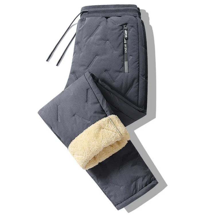 Grey quilted jogger pants with elastic waistband, drawstring, and fleece lining.