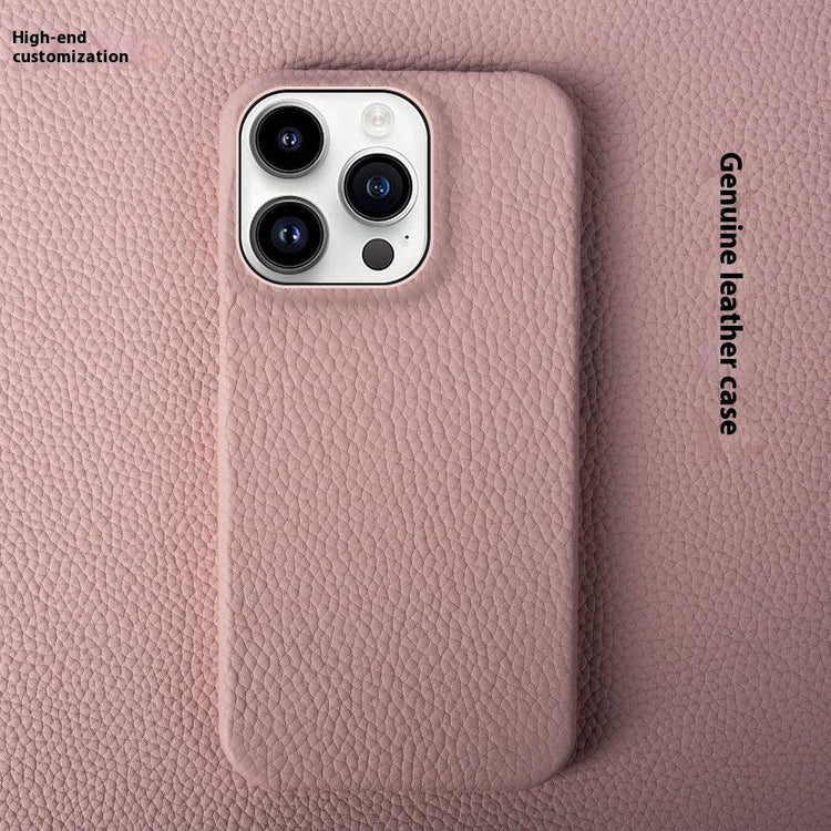 Textured pink genuine leather phone case with snug fit and camera cutout on matching background
