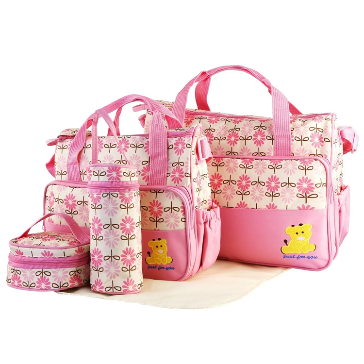 Pink floral print diaper bags set with cartoon bear embroidery and matching accessories