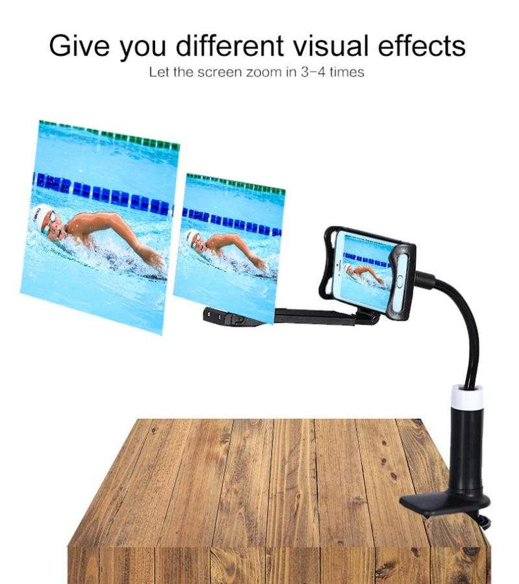 Flexible black phone holder with magnifier on wood table, displaying swimmer image on screen