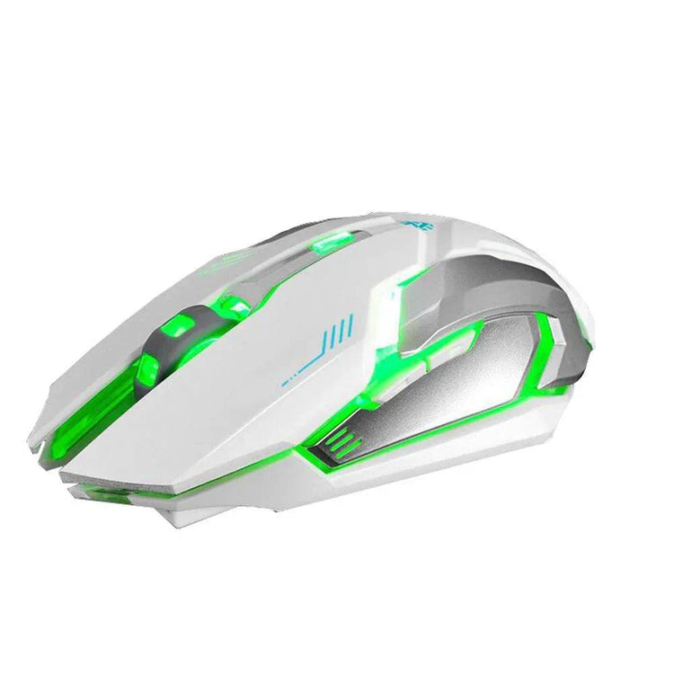 Futuristic white and silver gaming mouse with green LED accents and ergonomic design