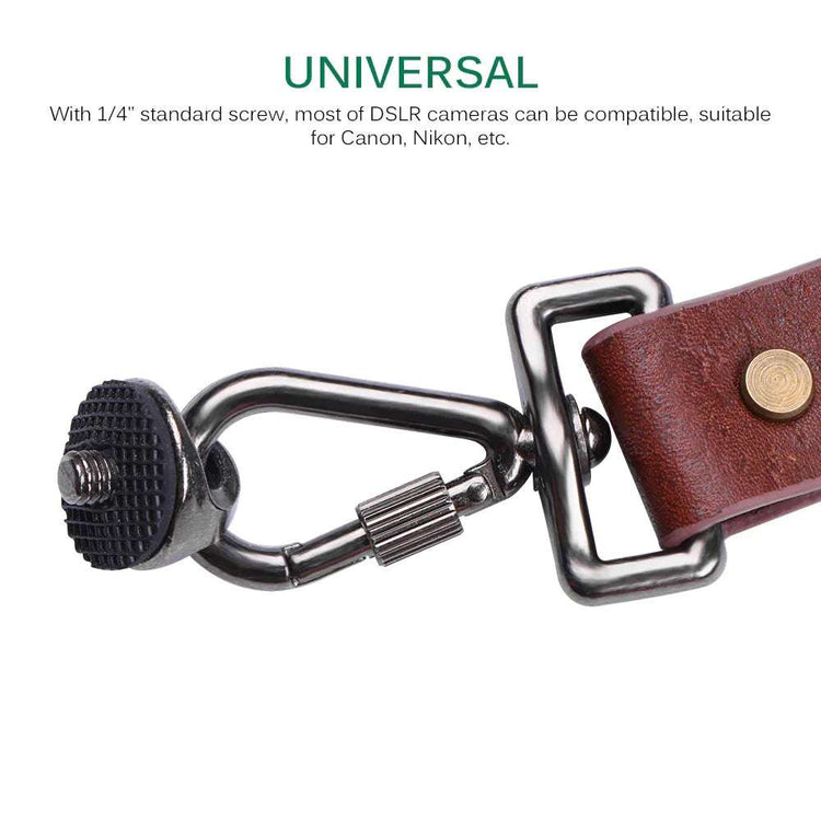 Brown leather camera strap with metal hardware and universal screw attachment