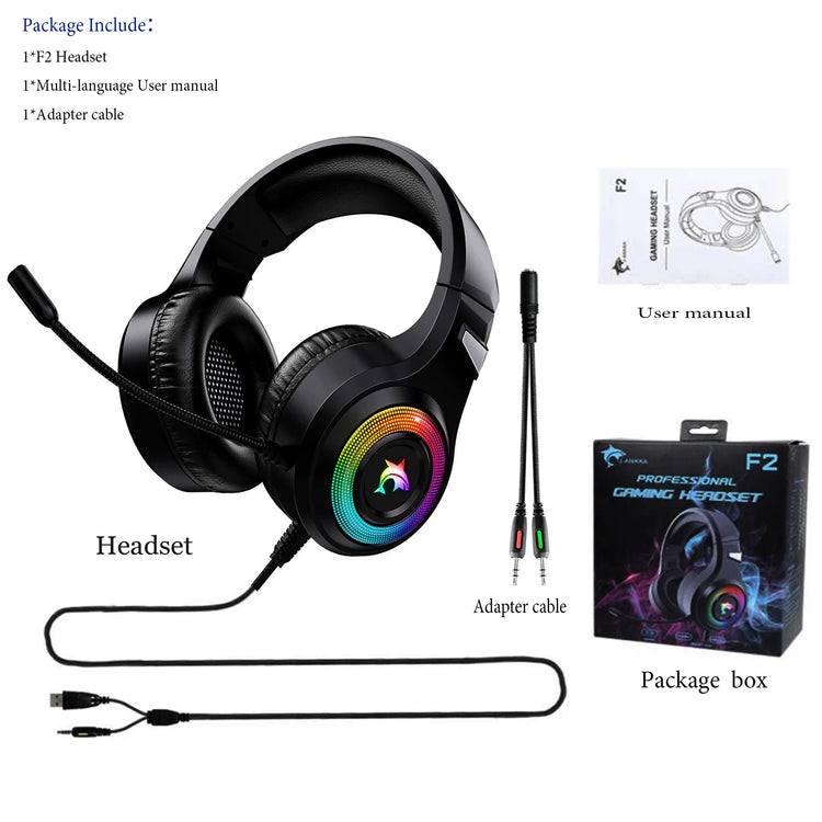 Black over-ear gaming headset with RGB lighting, adjustable fit, and included adapter cable.