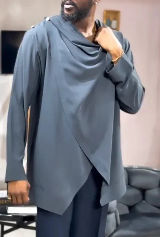 Man wearing dark gray long-sleeve asymmetrical draped streetwear top with relaxed fit