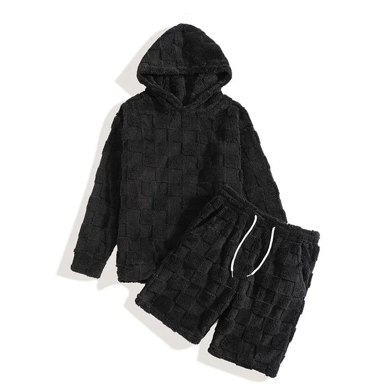 Black textured hoodie and shorts set, soft plush material, relaxed fit streetwear