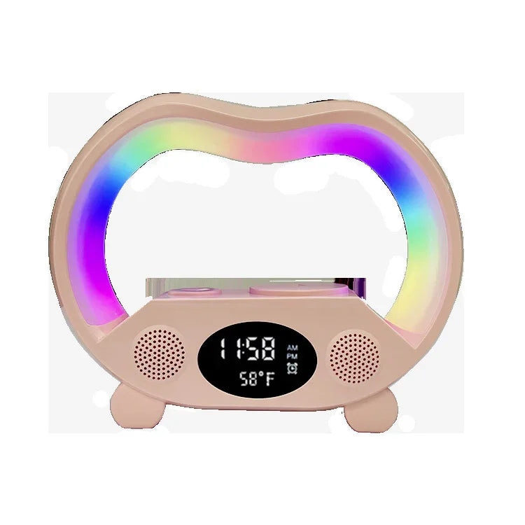 Beige digital alarm clock with LED rainbow light, dual speakers, and temperature display
