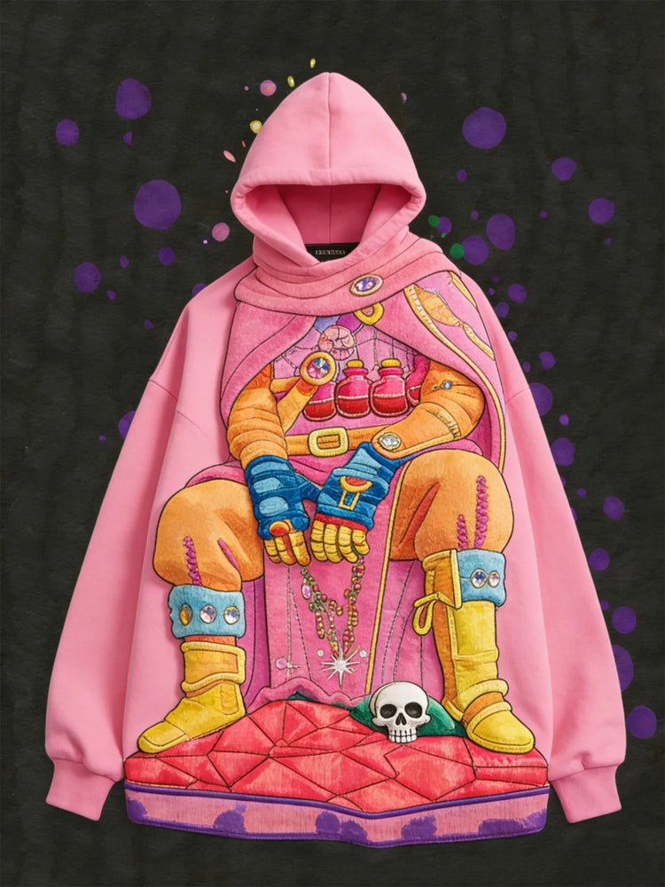 Pink oversized hoodie with bold colorful graphic of a seated figure, detailed streetwear style