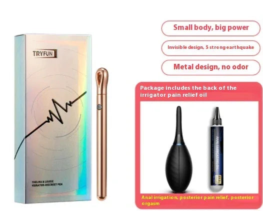 Rose gold slim metal device with smooth fit, beside iridescent box and black bulb-shaped accessory.