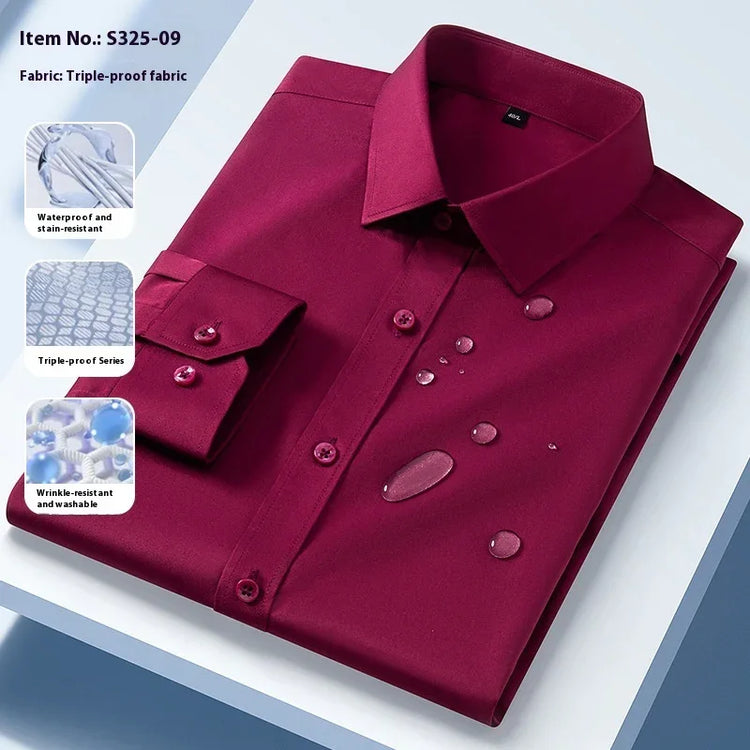 Folded burgundy dress shirt with water droplets, waterproof, wrinkle-resistant, slim fit