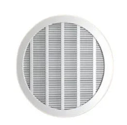 Round white air purifier filter with vertical and horizontal slats, minimalist design