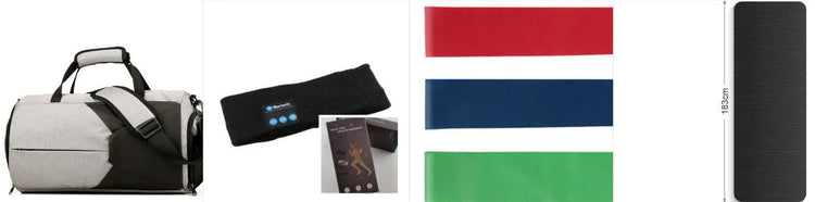 Gray and black duffel bag, black sports headband, red blue green resistance bands, and long black yoga mat