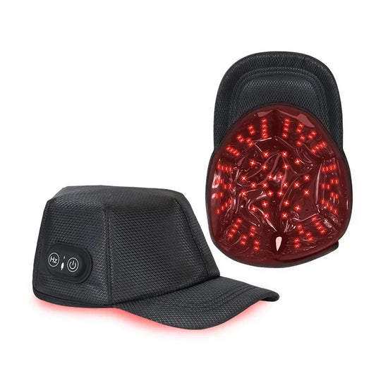 Black textured cap with built-in LED red light therapy, techwear style, adjustable fit