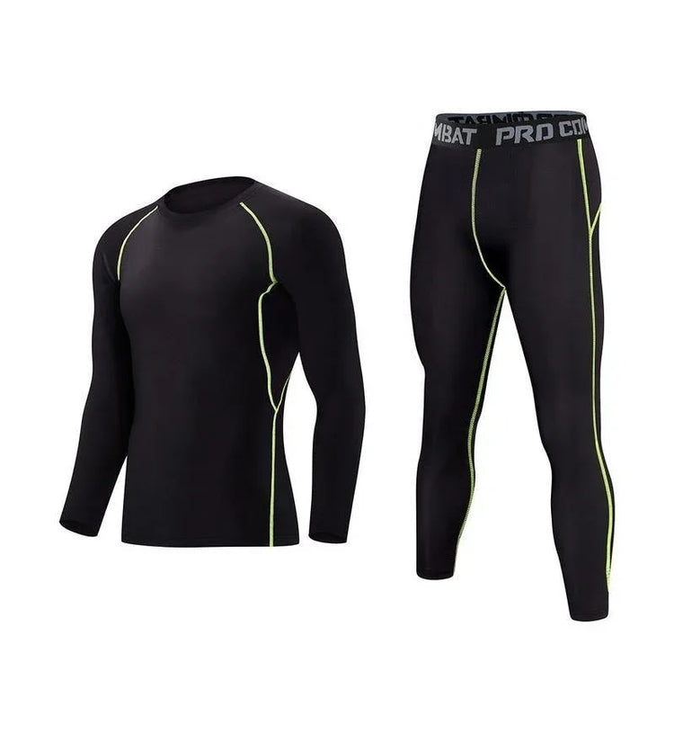 Black compression athletic set with neon green stitching, long sleeve top and leggings, slim fit