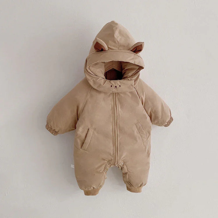 Beige baby jumpsuit with hood, animal ears, soft padded material, loose fit