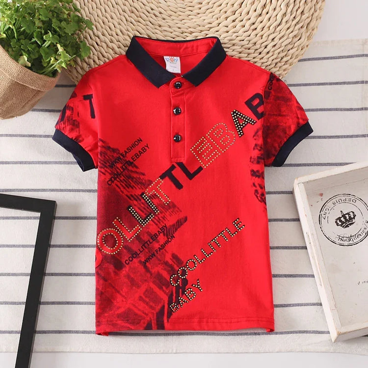 Red short sleeve polo shirt with black collar and cuffs, printed graphic text, slim fit cotton.